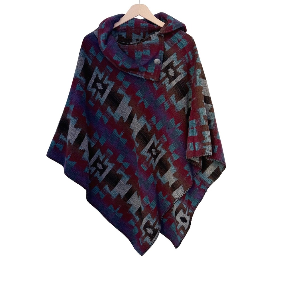 Rhonda Stark Southwestern Wool Blend Hooded Poncho Cowl Neck Made in USA Wrap OS